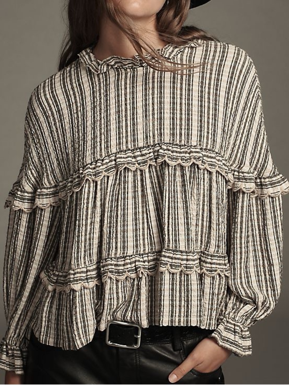 Pilcro Anthropologie Long-Sleeve Tiered Blouse Top in Cream and Black